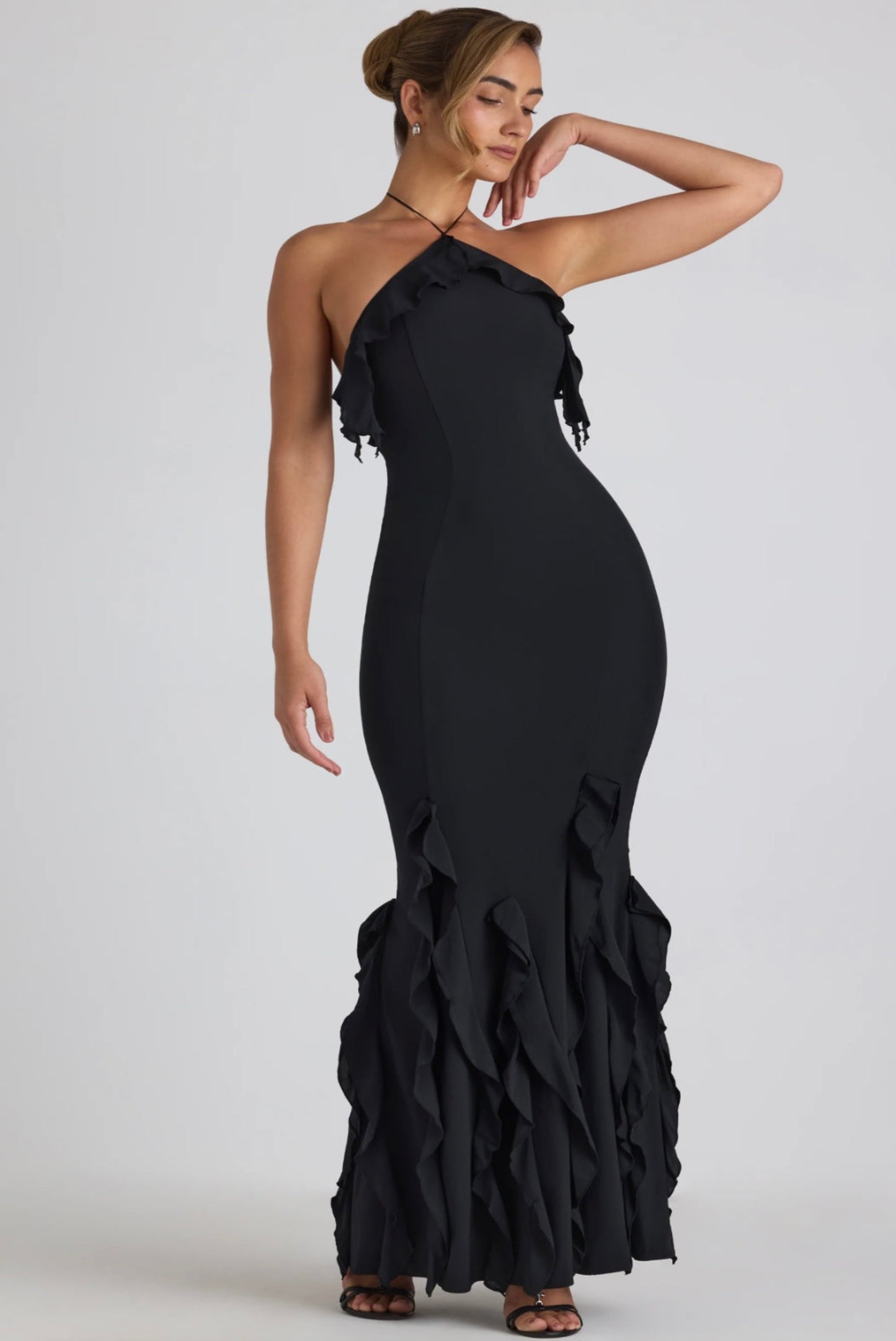 Ruffle-Trim Halterneck Gown in Black