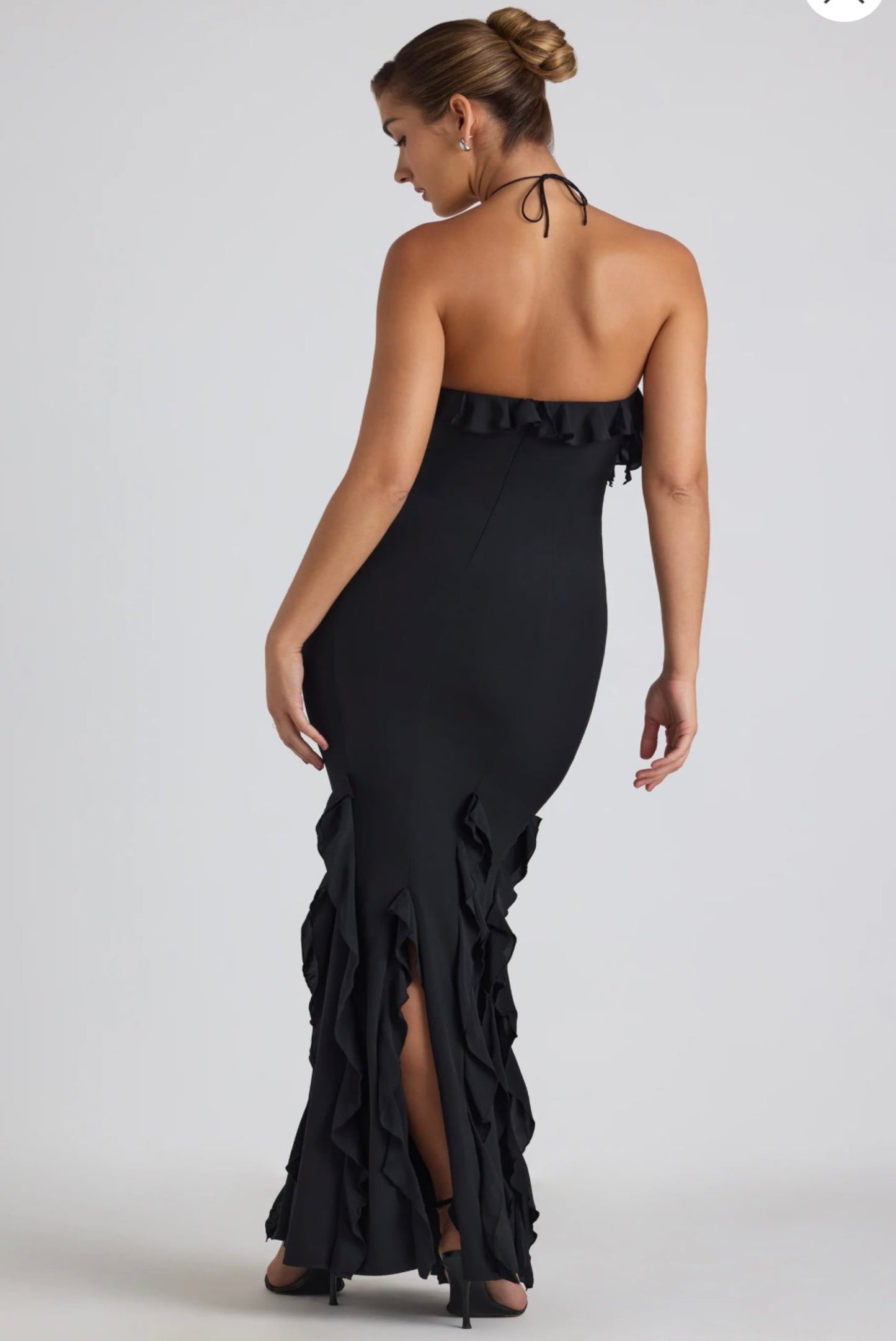 Ruffle-Trim Halterneck Gown in Black