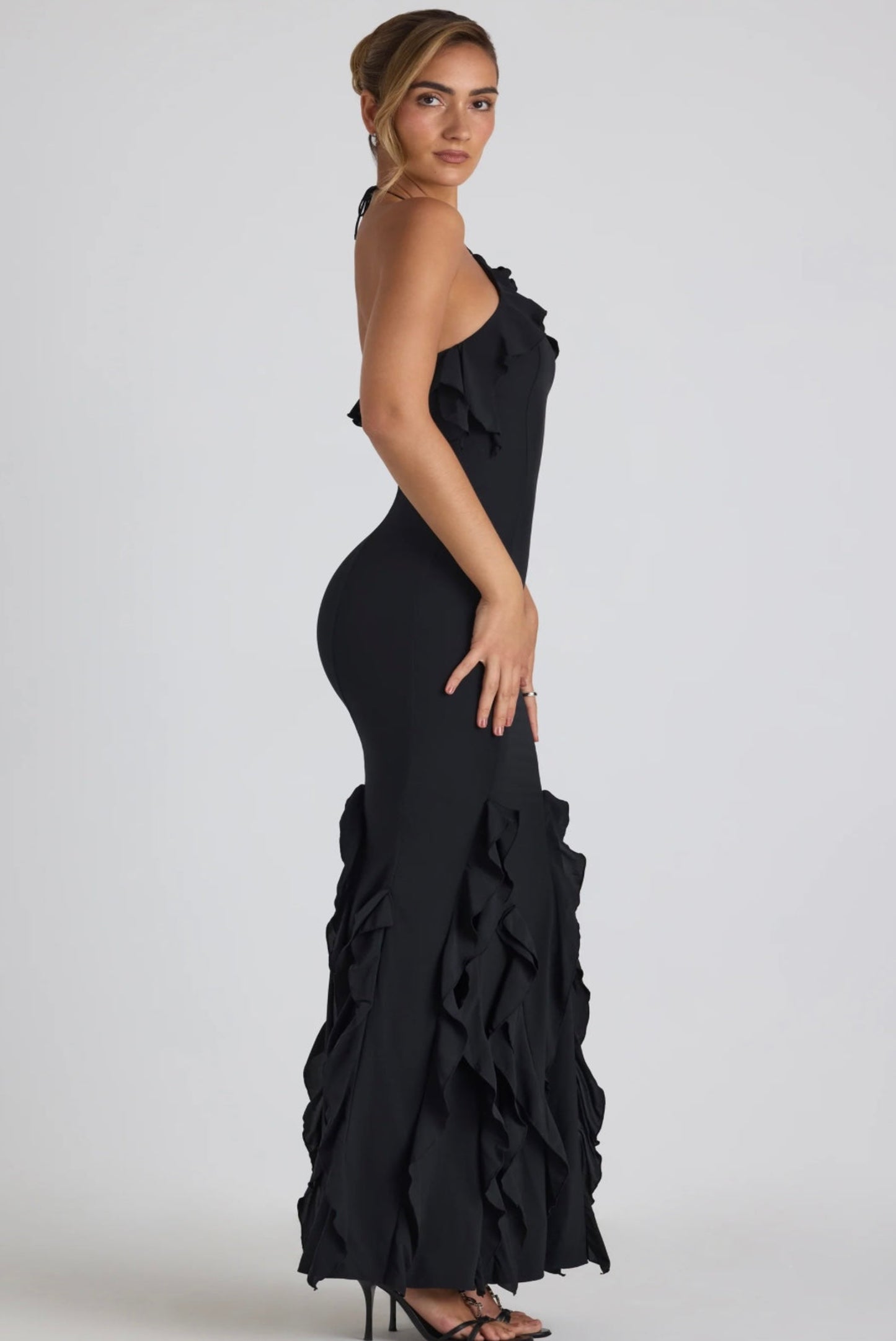 Ruffle-Trim Halterneck Gown in Black