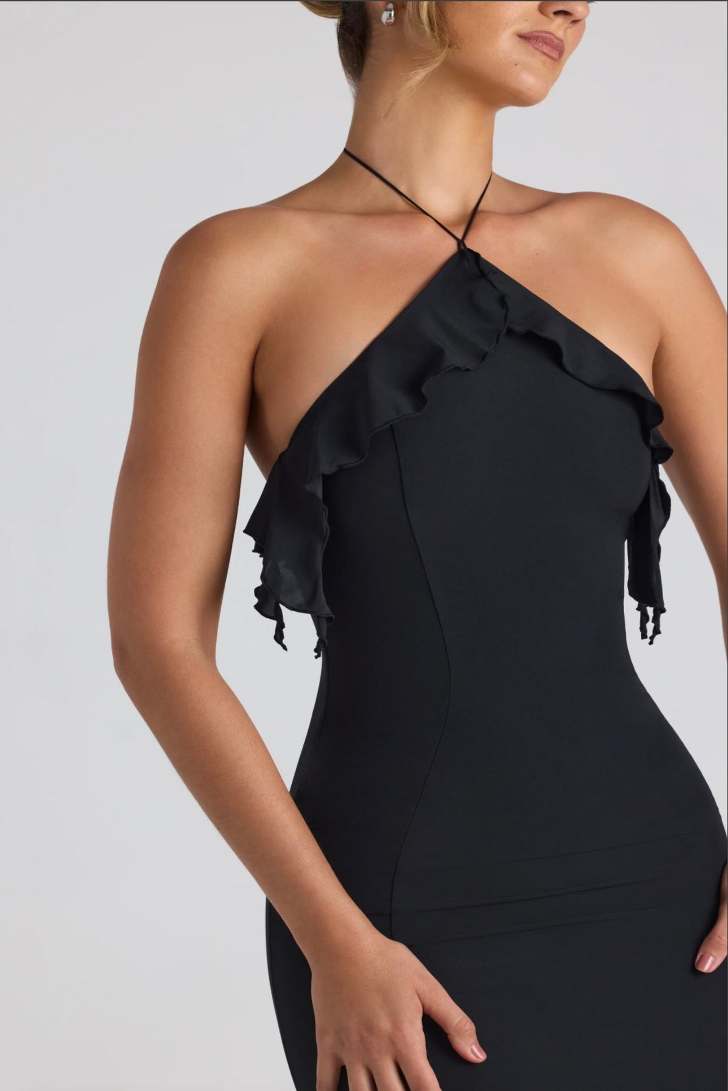 Ruffle-Trim Halterneck Gown in Black