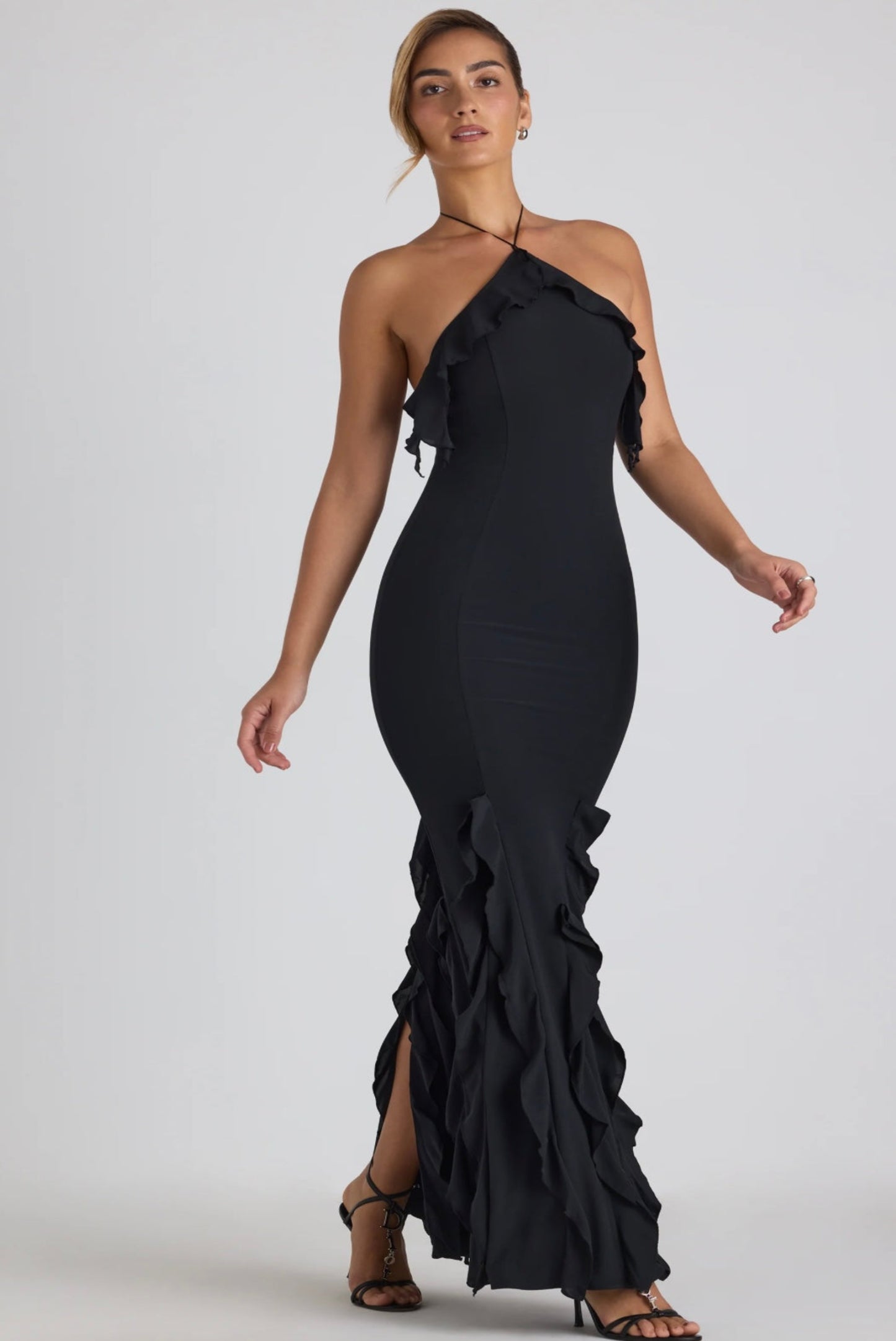 Ruffle-Trim Halterneck Gown in Black