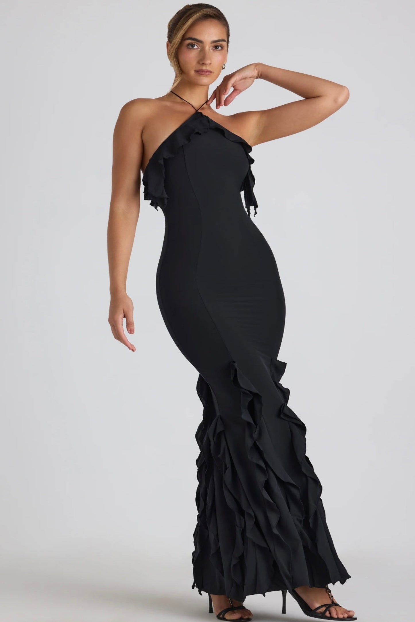 Ruffle-Trim Halterneck Gown in Black