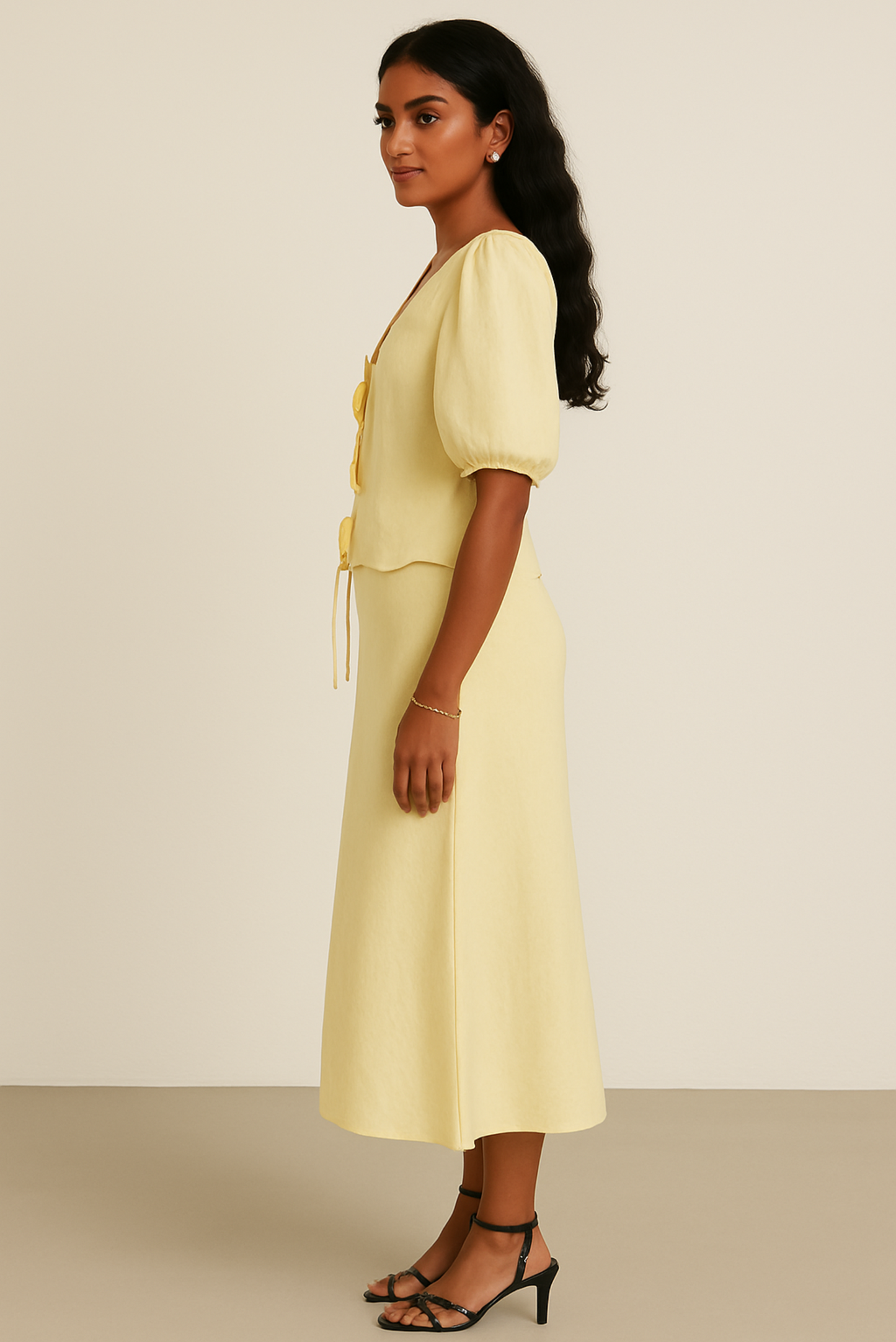 Butter Yellow Puff Sleeve Top and Skirt Co-Ord Set with Scallop Detail