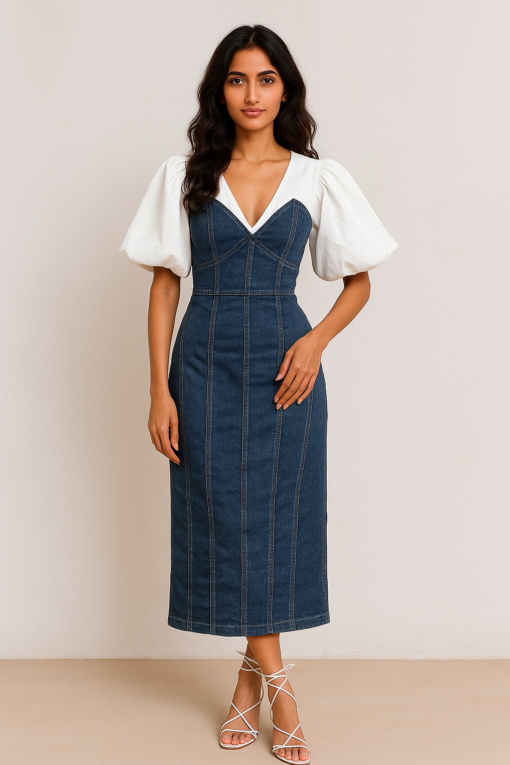 Denim Corset Midi Dress with Puff Sleeves and Contrast Bodice Goose Denim Corset Midi Dress with Puff Sleeves and Contrast Bodice Goose