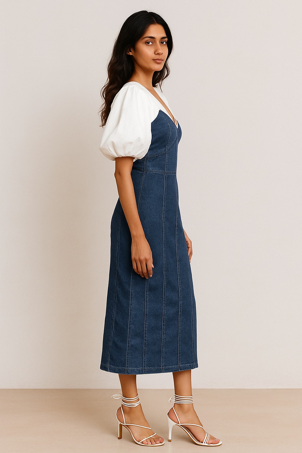 Denim Corset Midi Dress with Puff Sleeves and Contrast Bodice
