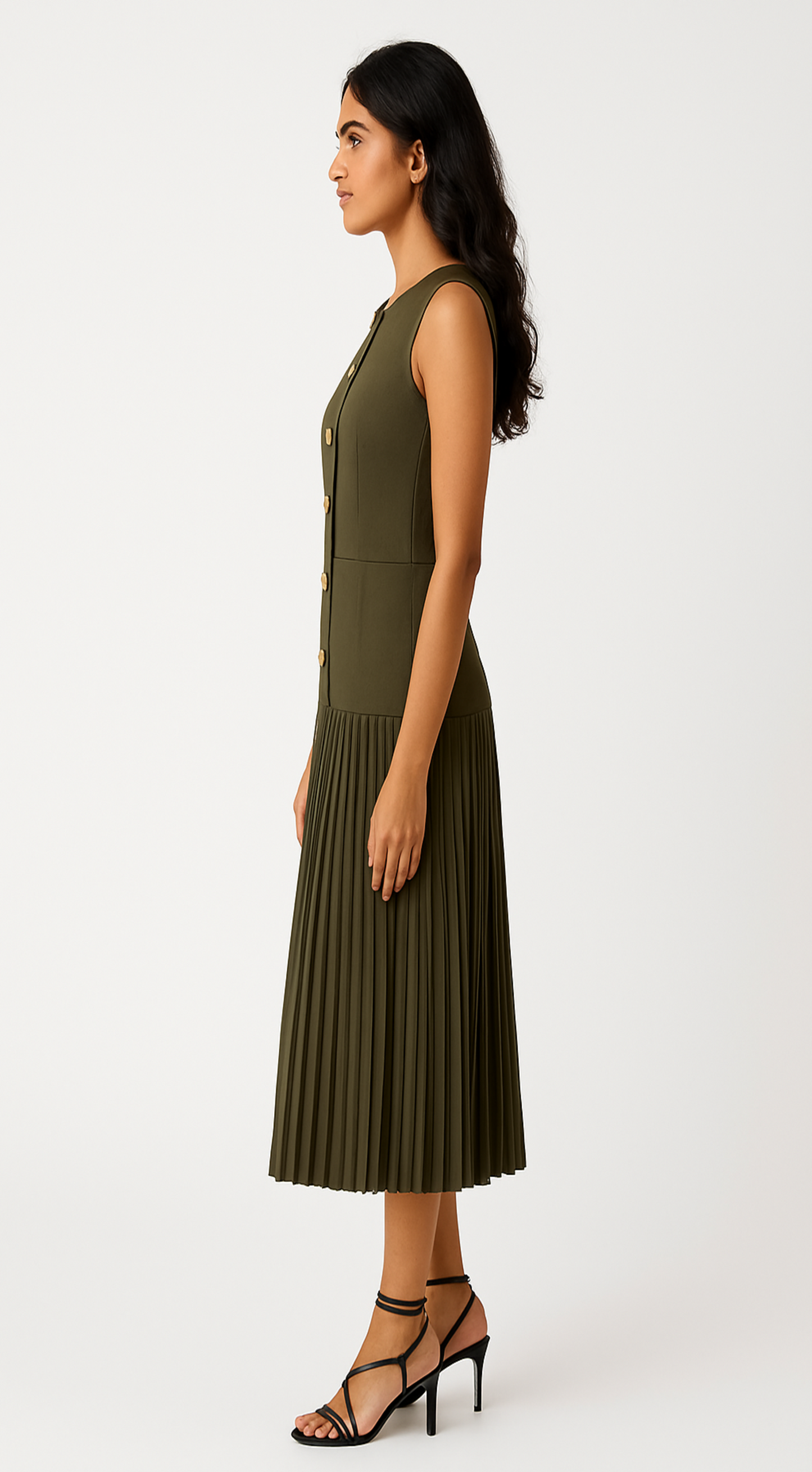 OLIVE GREEN SLEEVELESS MIDI DRESS