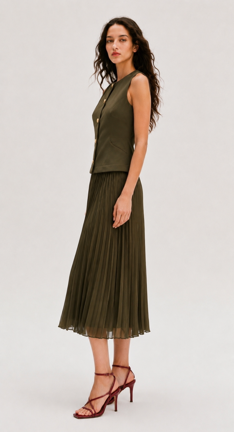 OLIVE GREEN SLEEVELESS MIDI DRESS
