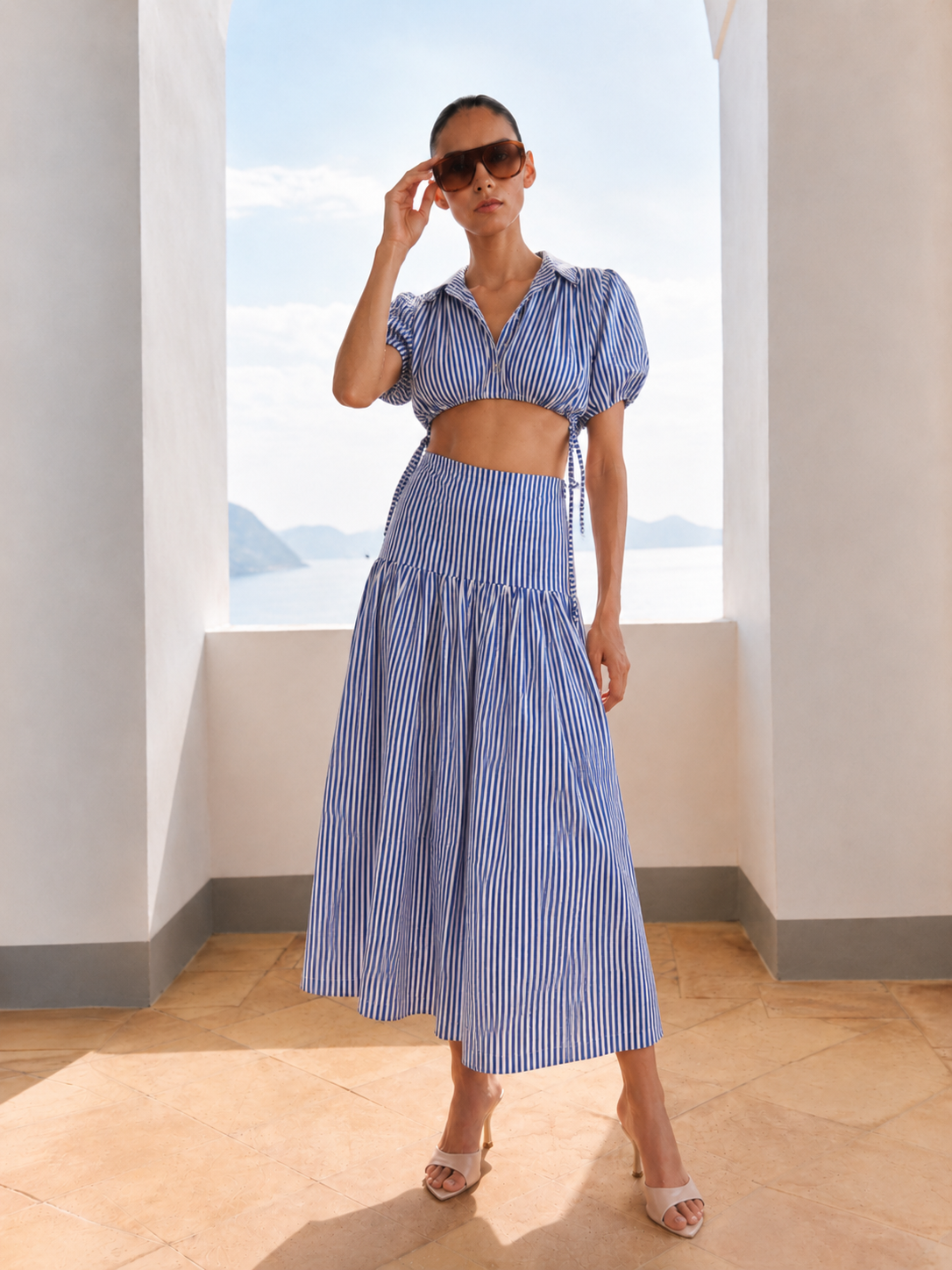 STRIPE CROPPED SHIRT AND MAXI SKIRT SET