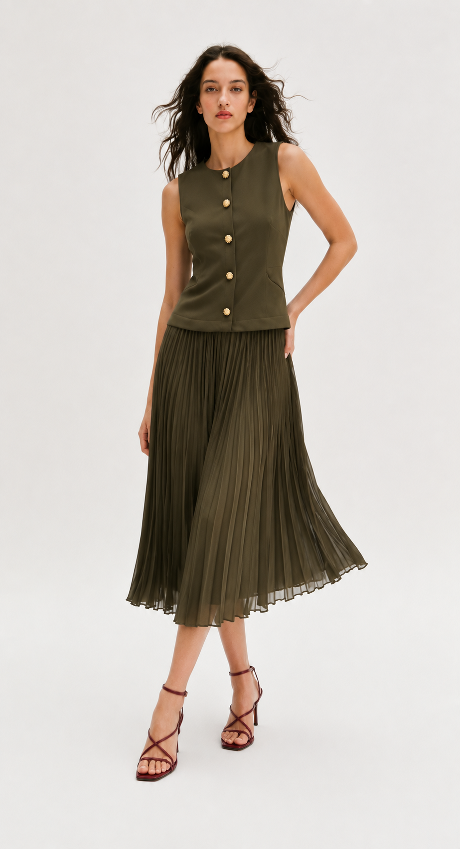 OLIVE GREEN SLEEVELESS MIDI DRESS