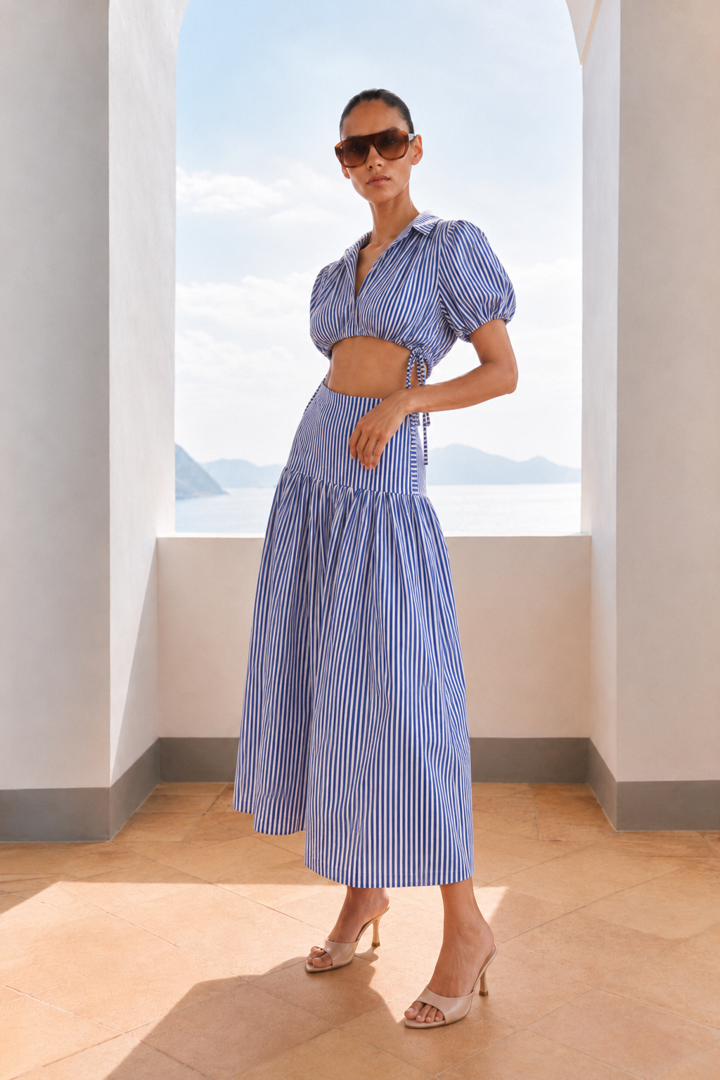 STRIPE CROPPED SHIRT AND MAXI SKIRT SET
