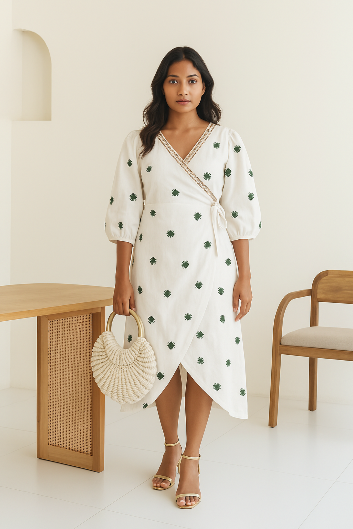 WHITE EMBROIDERED WRAP DRESS
