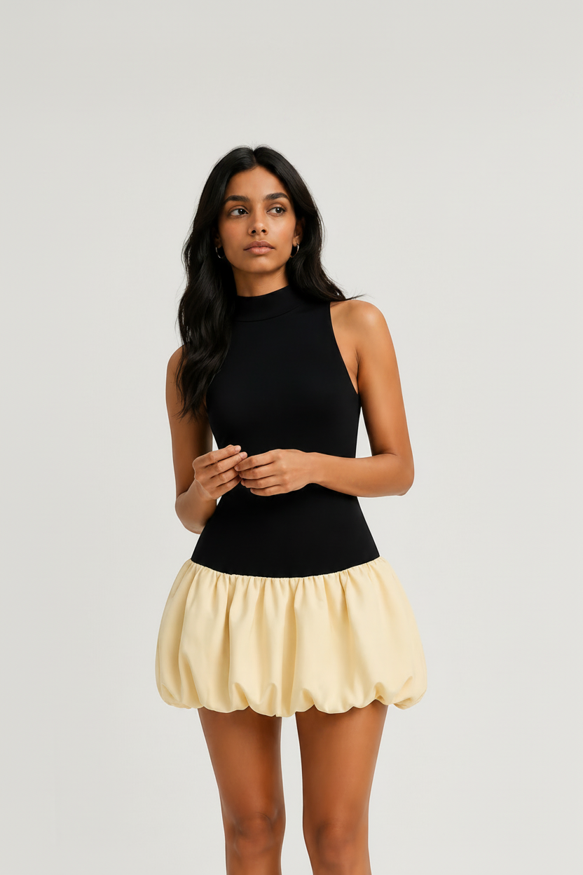 Turtleneck Drop-Waist Bubble Hem Mini Dress in Black