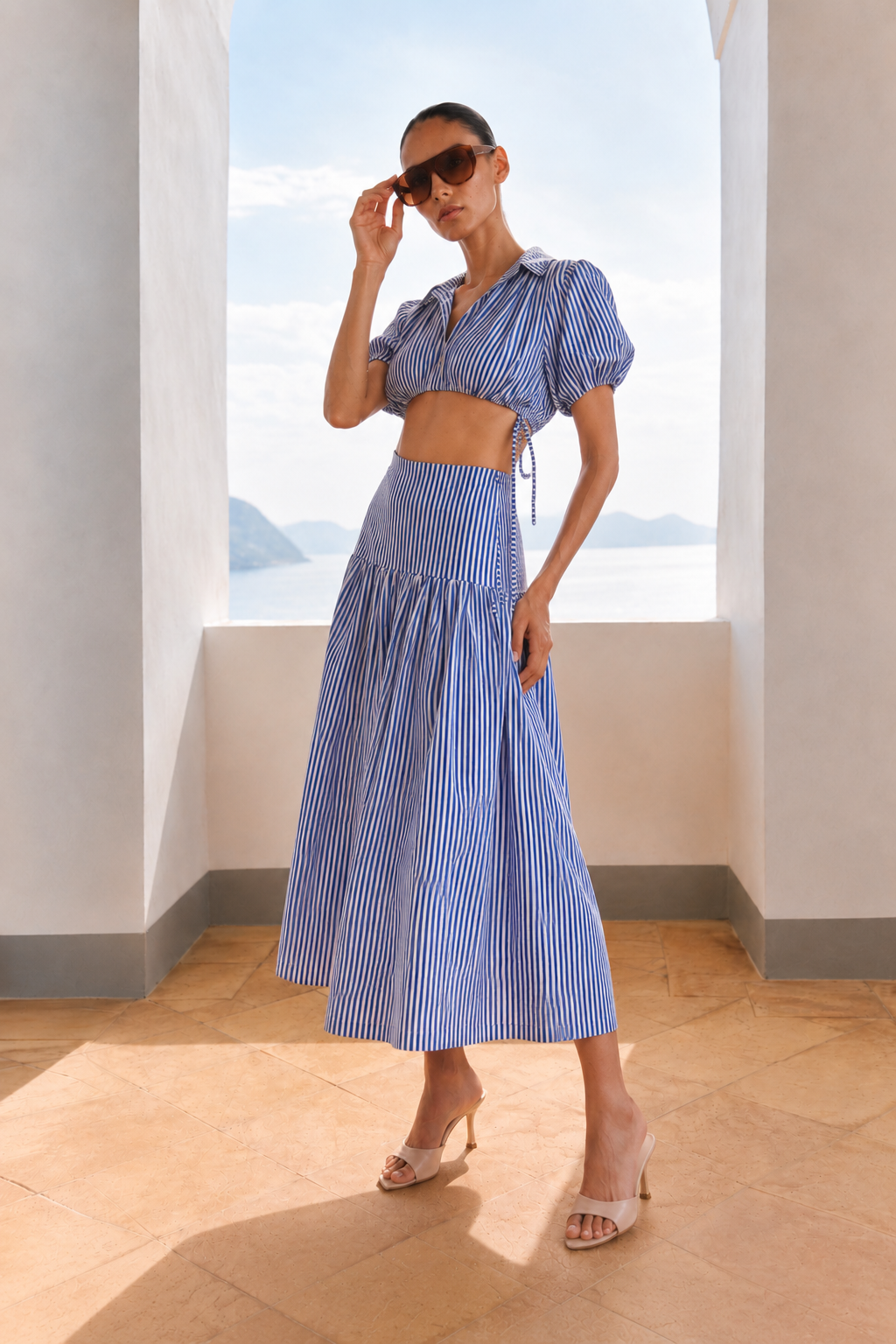 STRIPE CROPPED SHIRT AND MAXI SKIRT SET