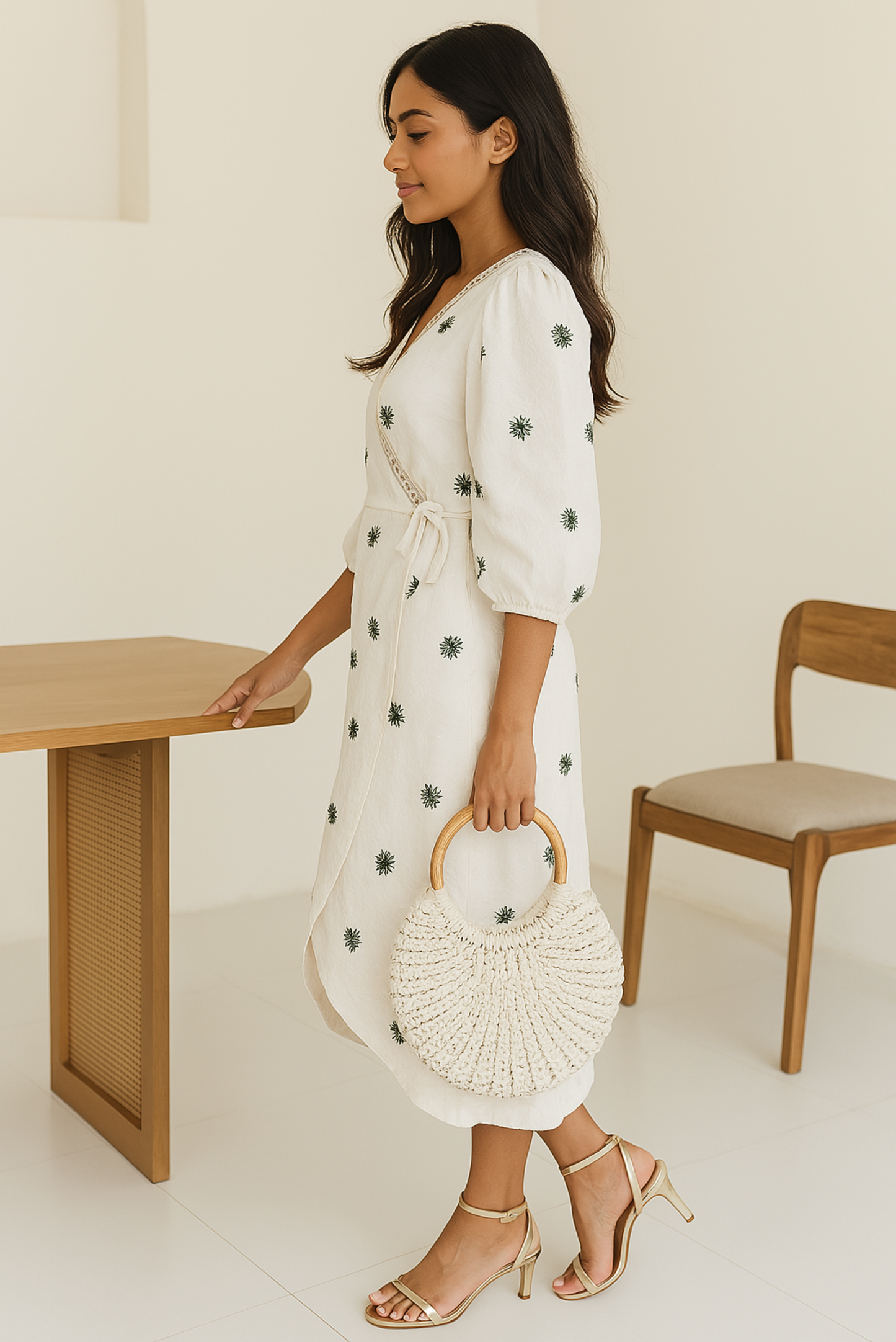 WHITE EMBROIDERED WRAP DRESS