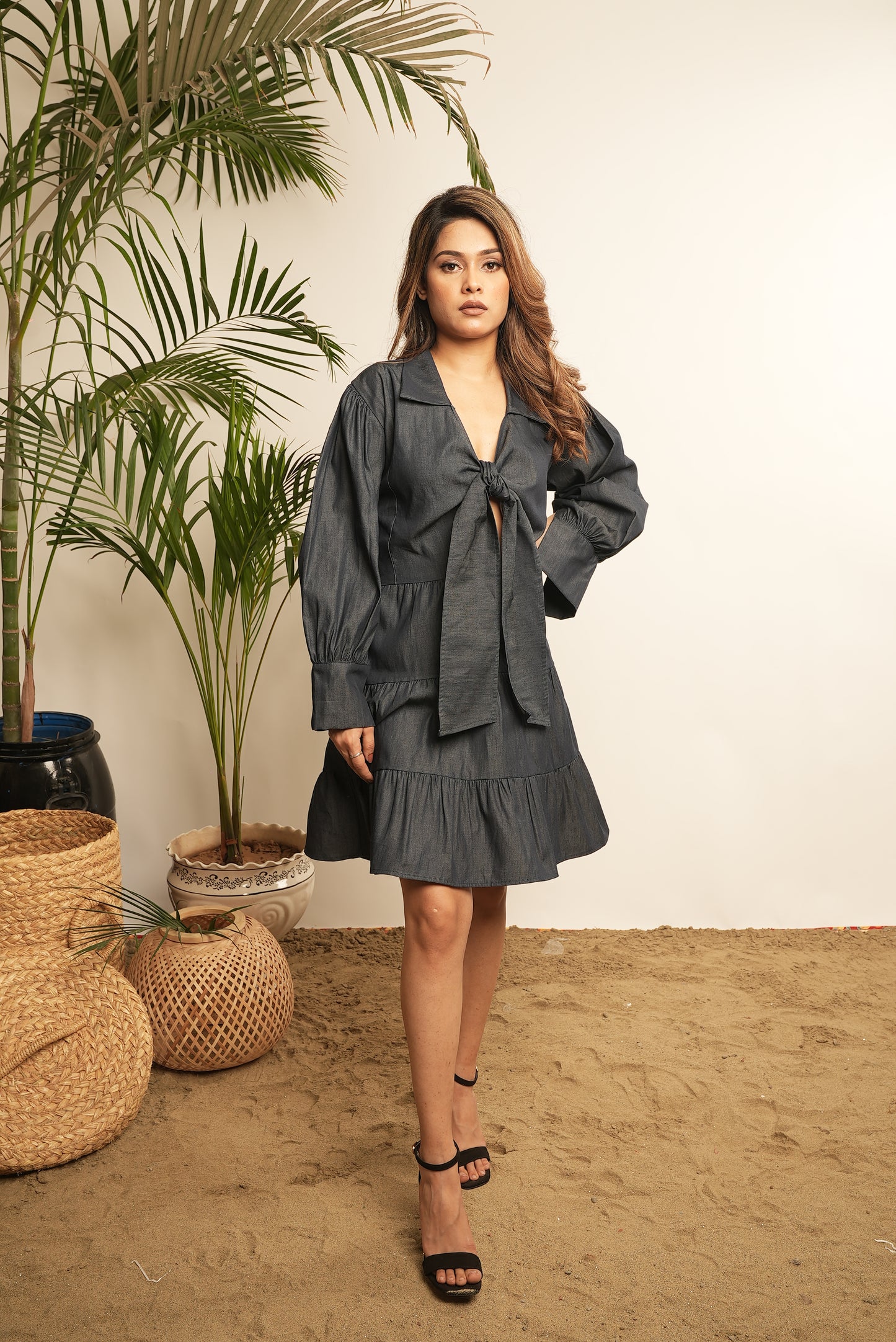 DENIM TIER DRESS WITH FRONT CUT-OUT