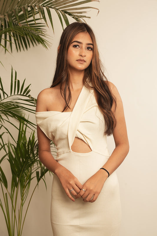 RIBBED OFF SHOULDER DRESS WITH CUT OUT DETAIL