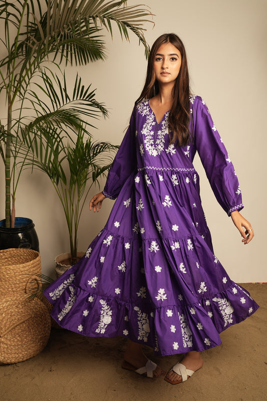 PURPLE EMBROIDERED SILK DRESS