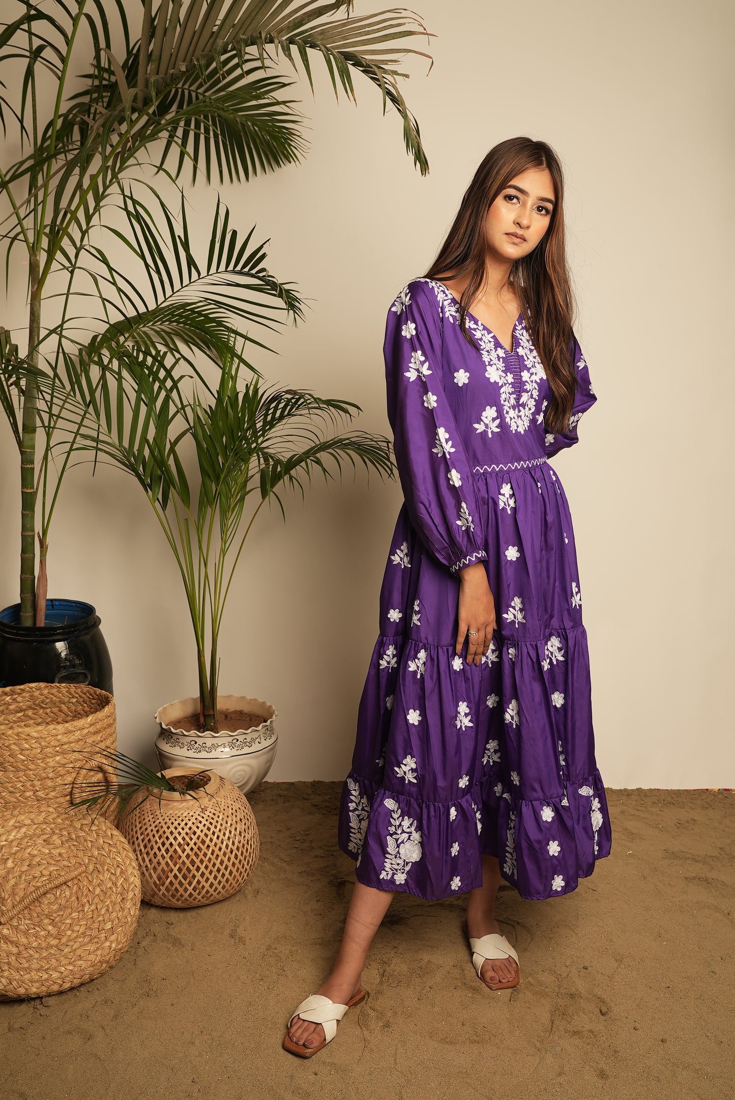 PURPLE EMBROIDERED SILK DRESS