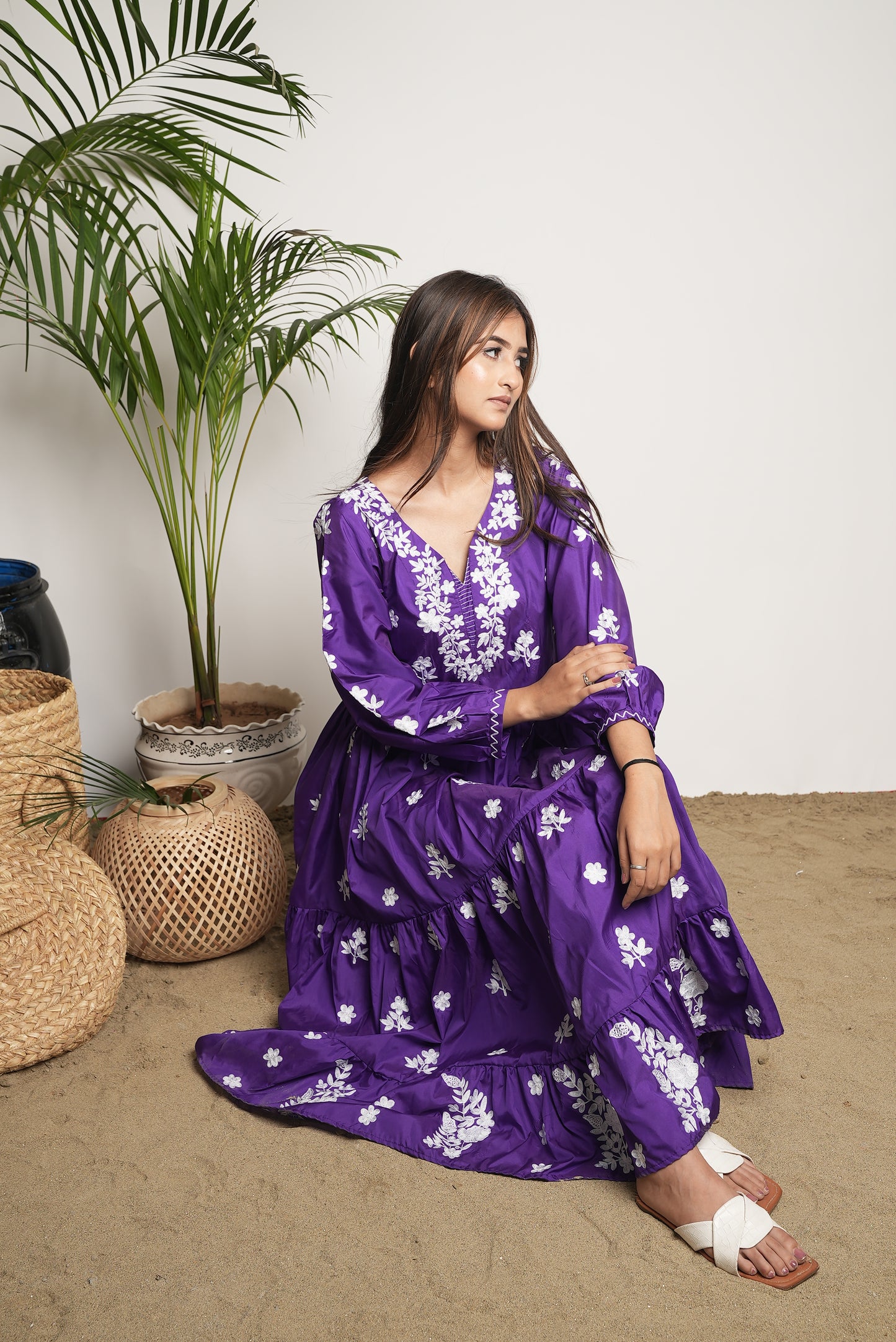 PURPLE EMBROIDERED SILK DRESS