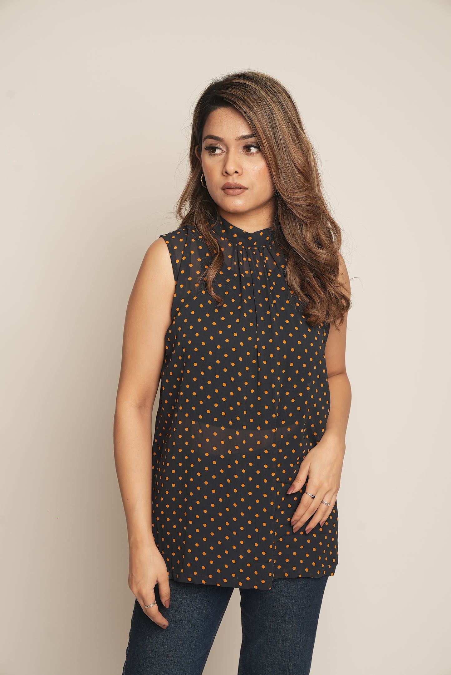 NAVY BLUE TOP WITH YELLOW POLKA DOTS
