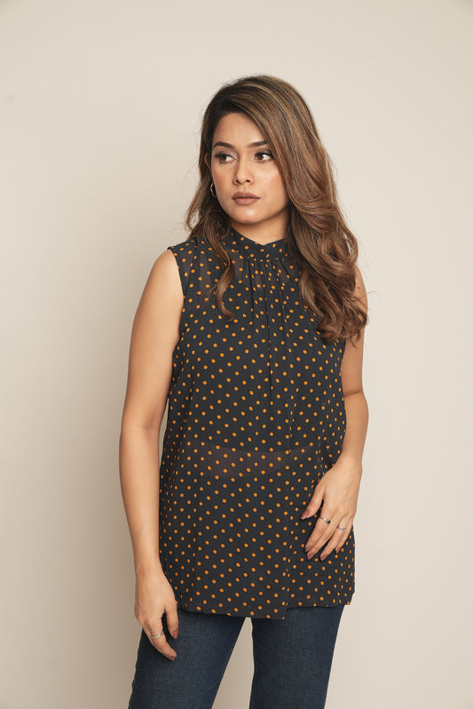 NAVY BLUE TOP WITH YELLOW POLKA DOTS