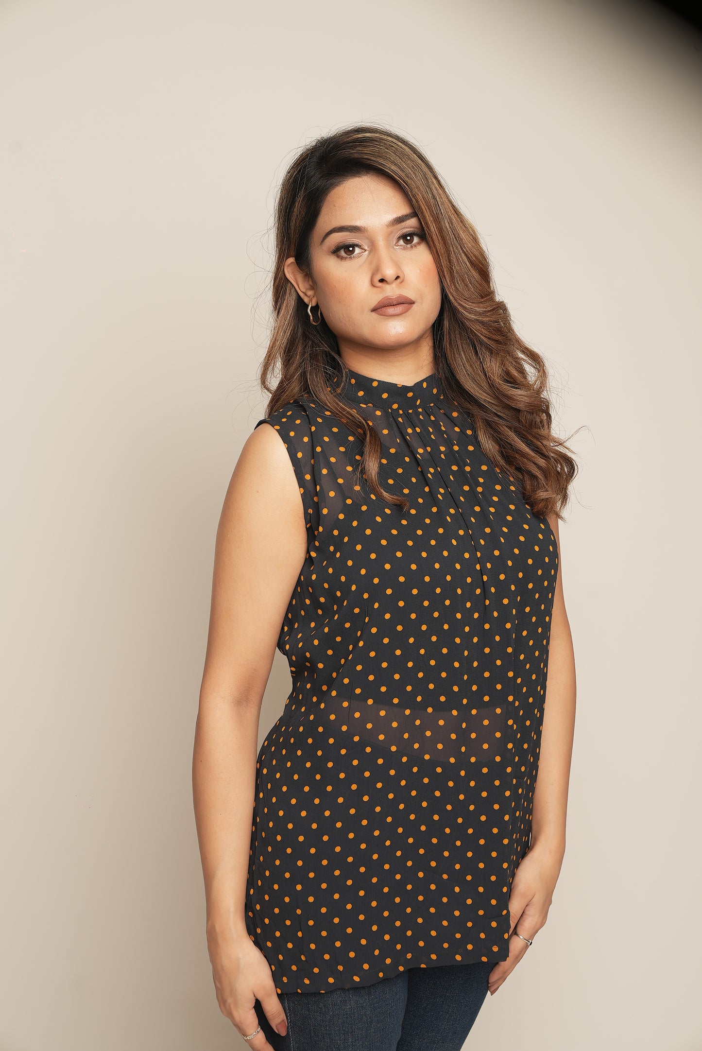 NAVY BLUE TOP WITH YELLOW POLKA DOTS