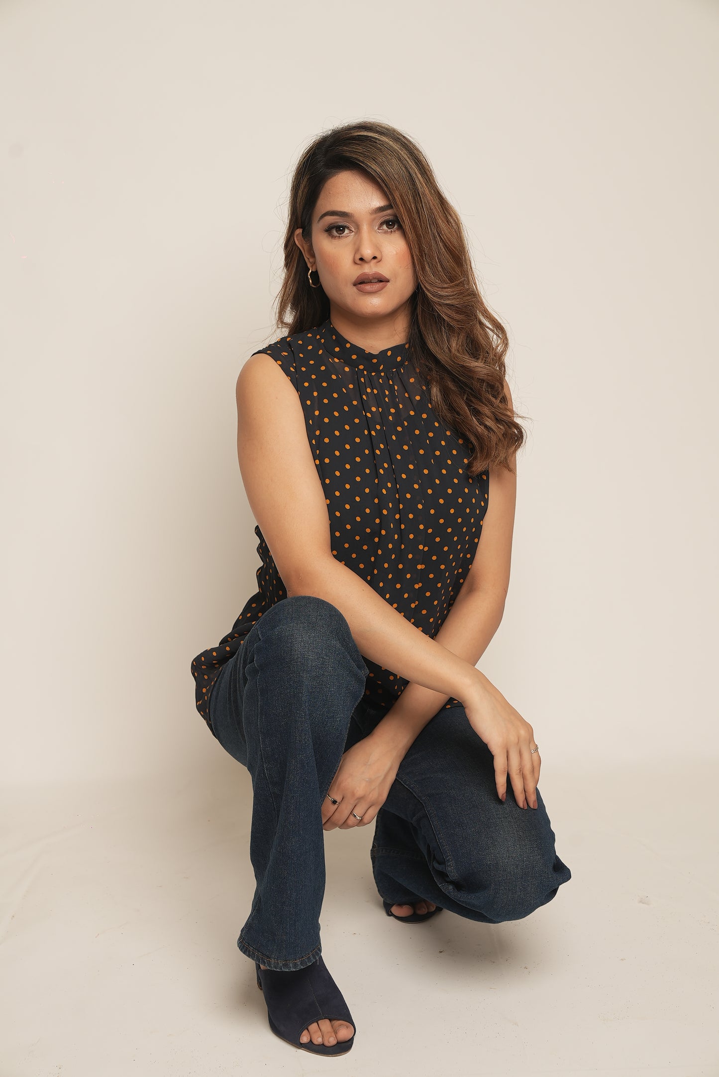 NAVY BLUE TOP WITH YELLOW POLKA DOTS