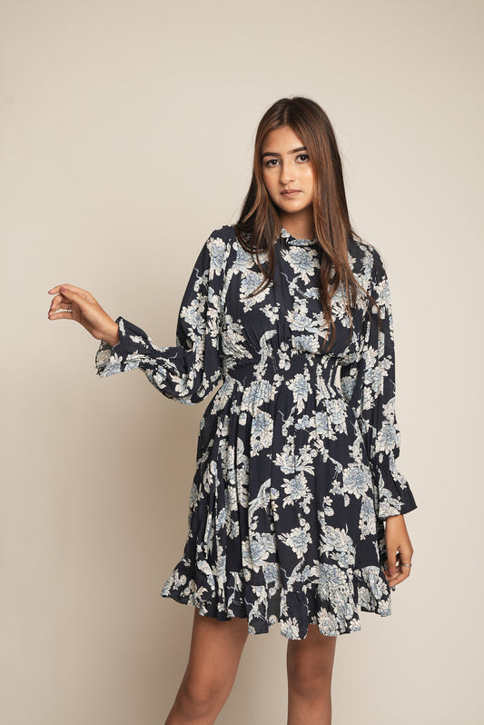 BLUE AND WHITE FLORAL PRINTED DRESS