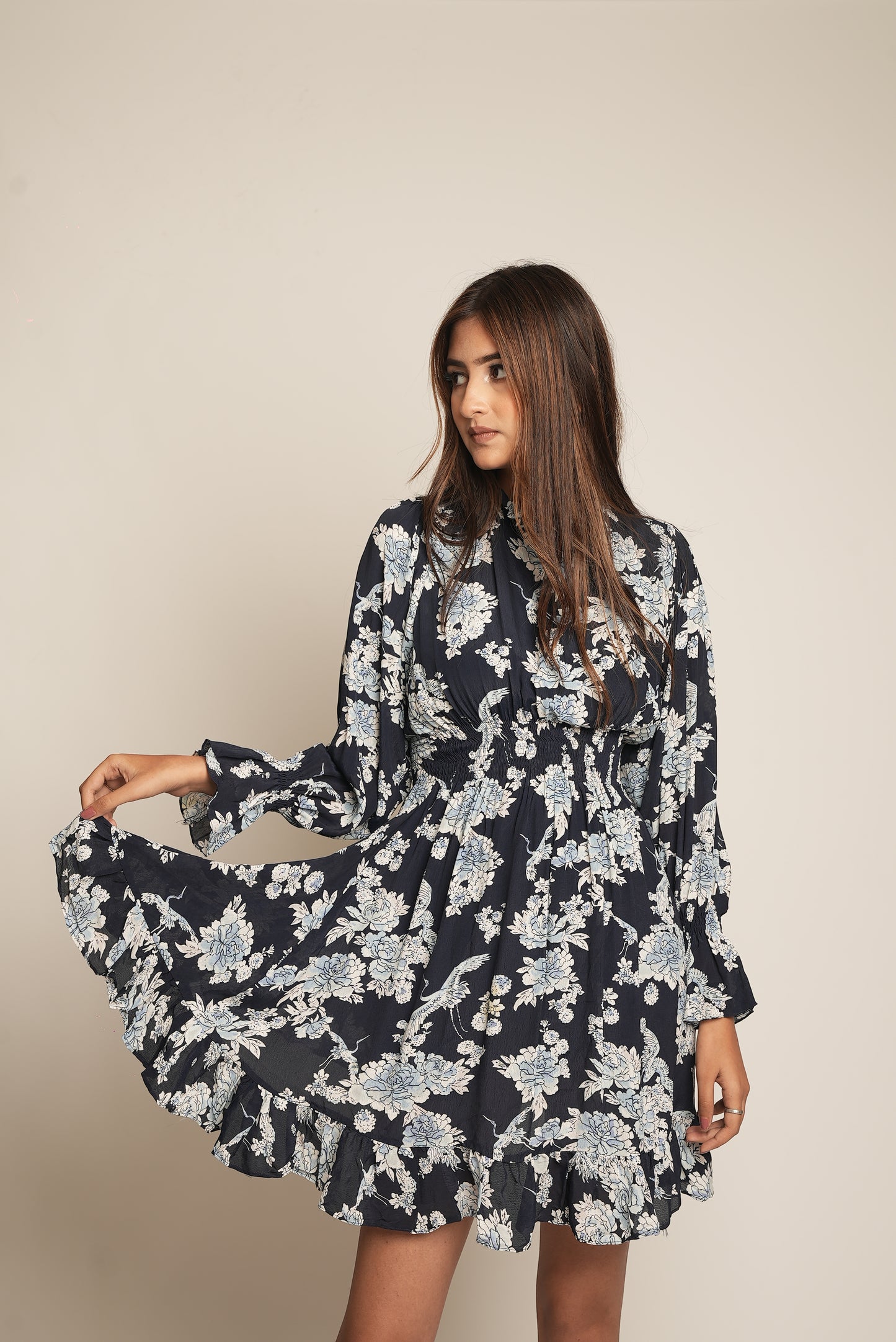 BLUE AND WHITE FLORAL PRINTED DRESS