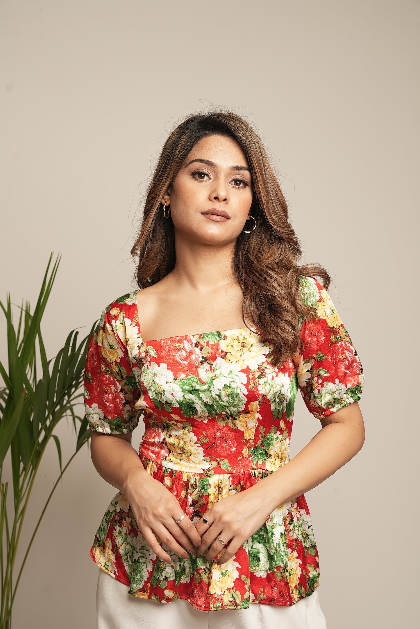 RED FLORAL PRINTED PEPLUM TOP