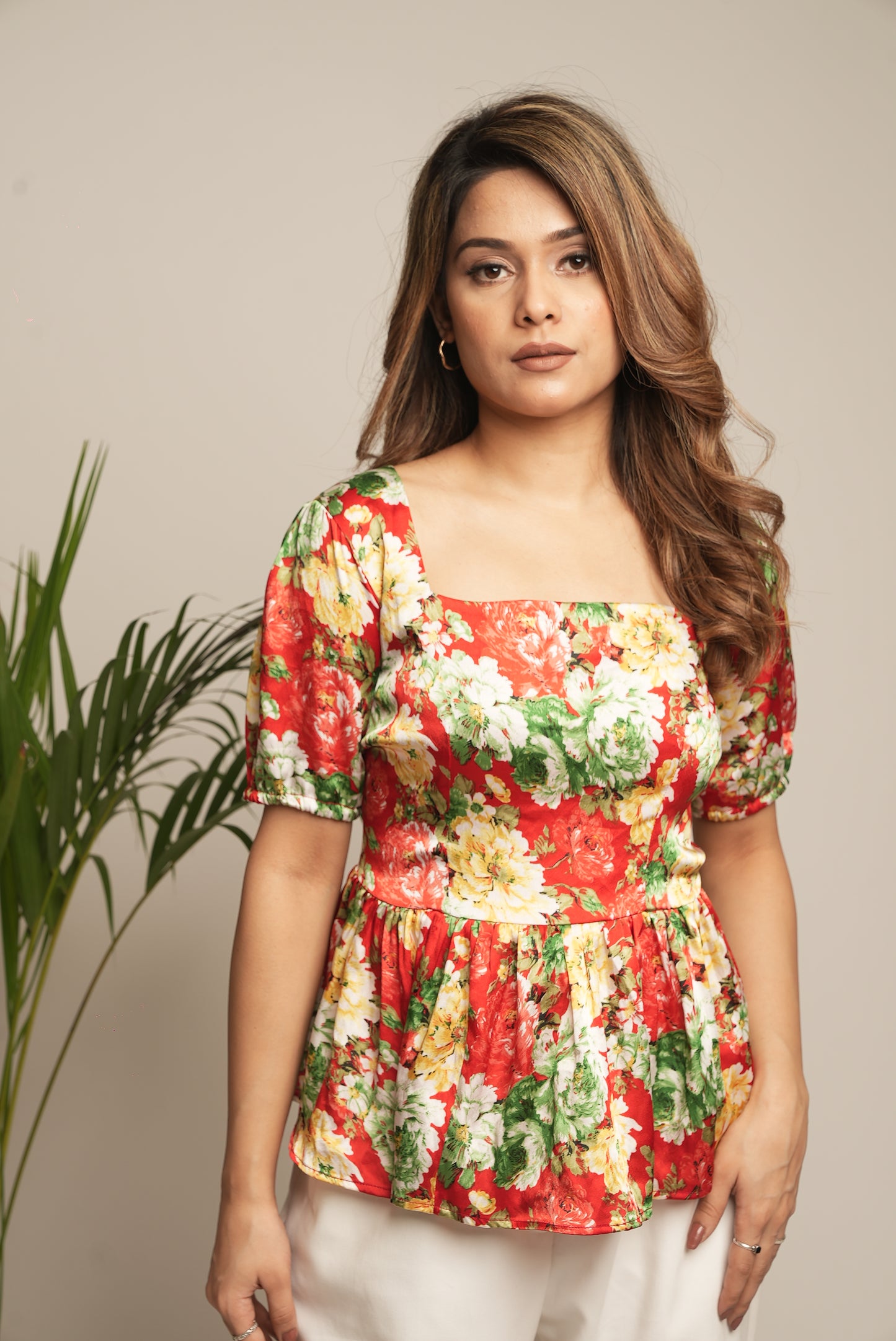 RED FLORAL PRINTED PEPLUM TOP