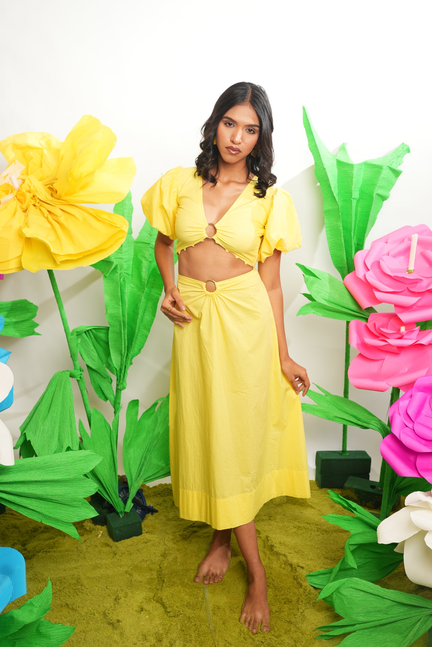 Yellow Puff Sleeves top with Maxi Skirt