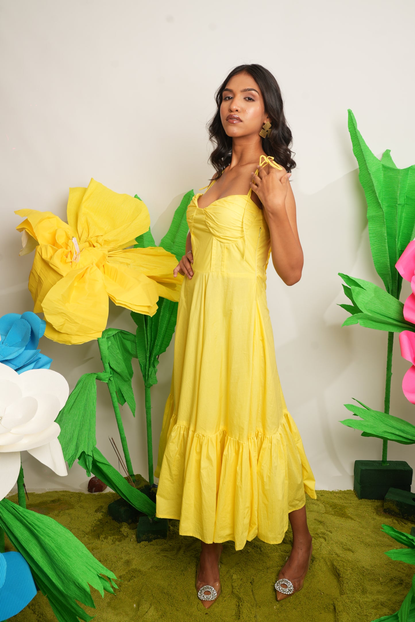 BUTTER YELLOW RUFFLED POPLIN DRESS