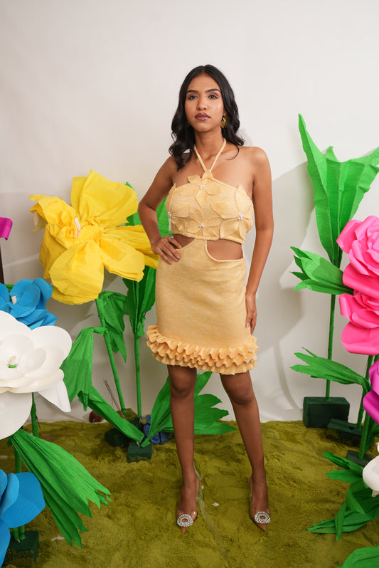 YELLOW CUT-OUT SHORT DRESS WITH HANDMADE FLOWERS