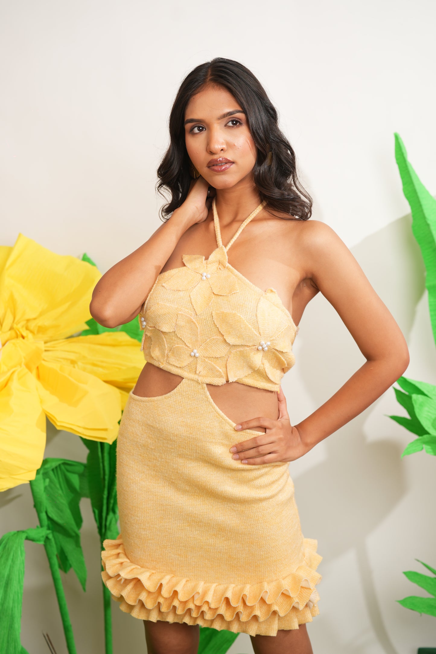 YELLOW CUT-OUT SHORT DRESS WITH HANDMADE FLOWERS