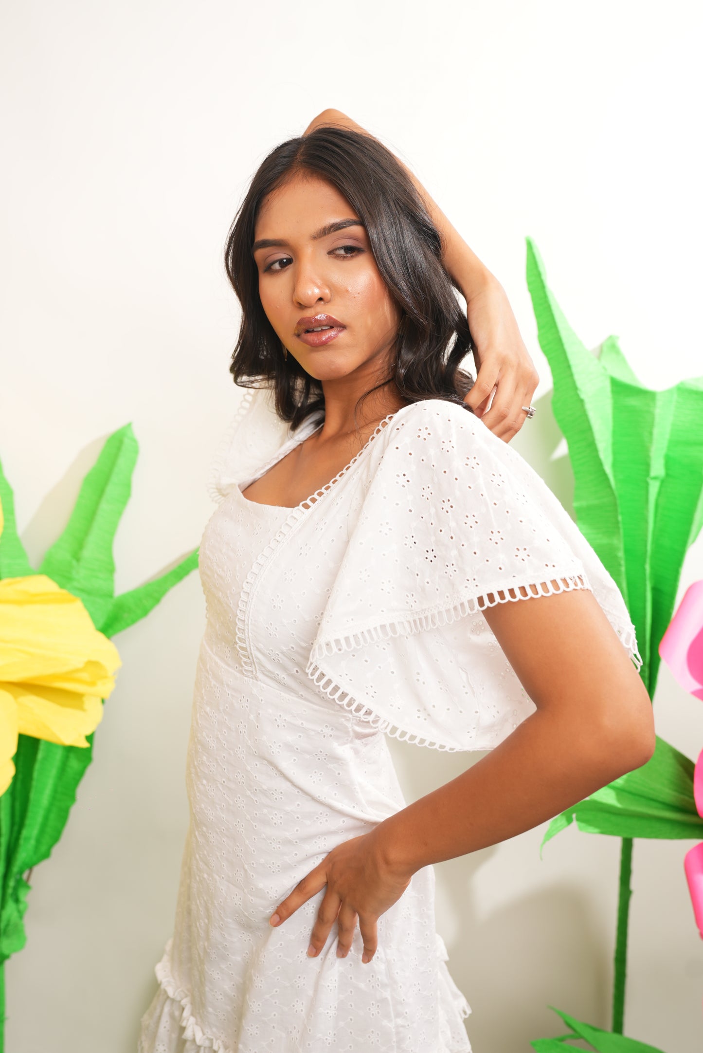 WHITE SCHIFFILI SHORT RUFFLE DRESS