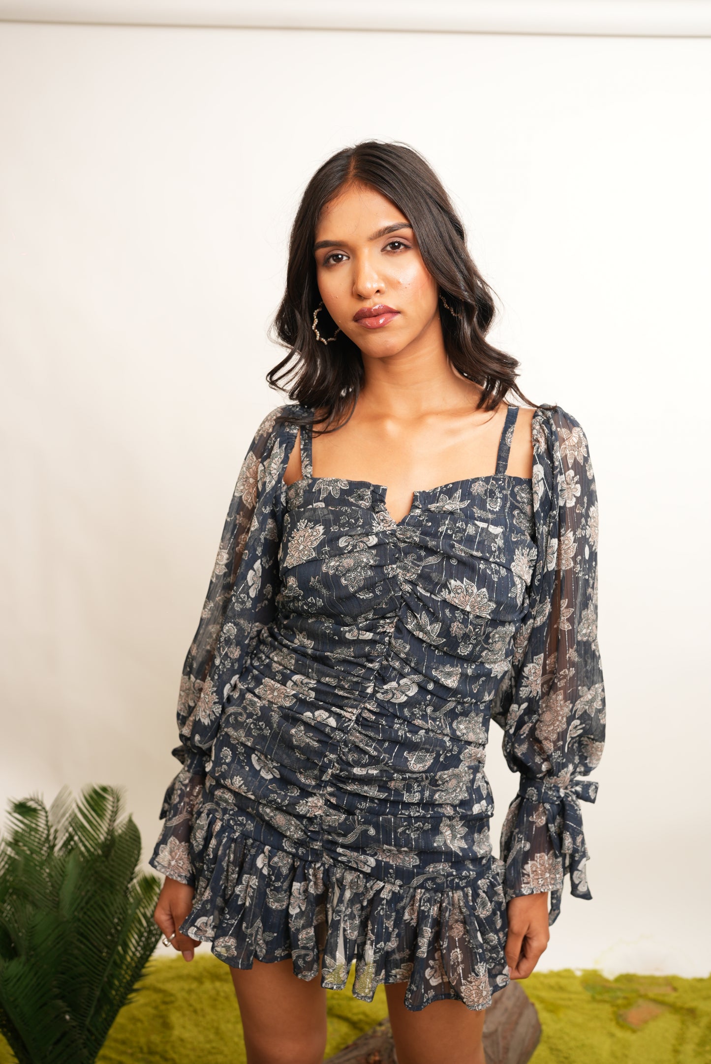 BLUE SHORT PRINTED RUFFLE DRESS