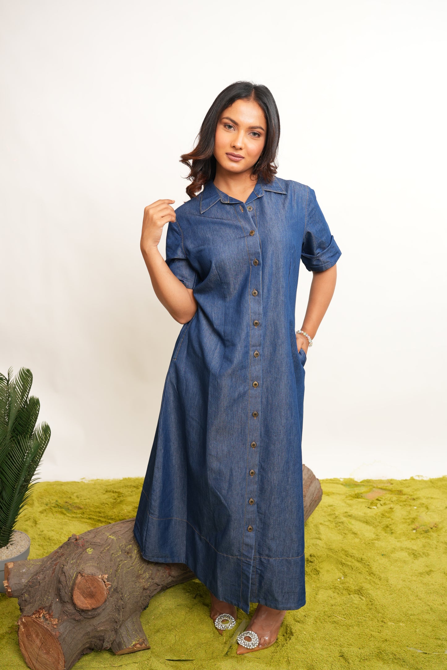 BLUE COTTON DENIM SHIRT DRESS WITH POCKETS