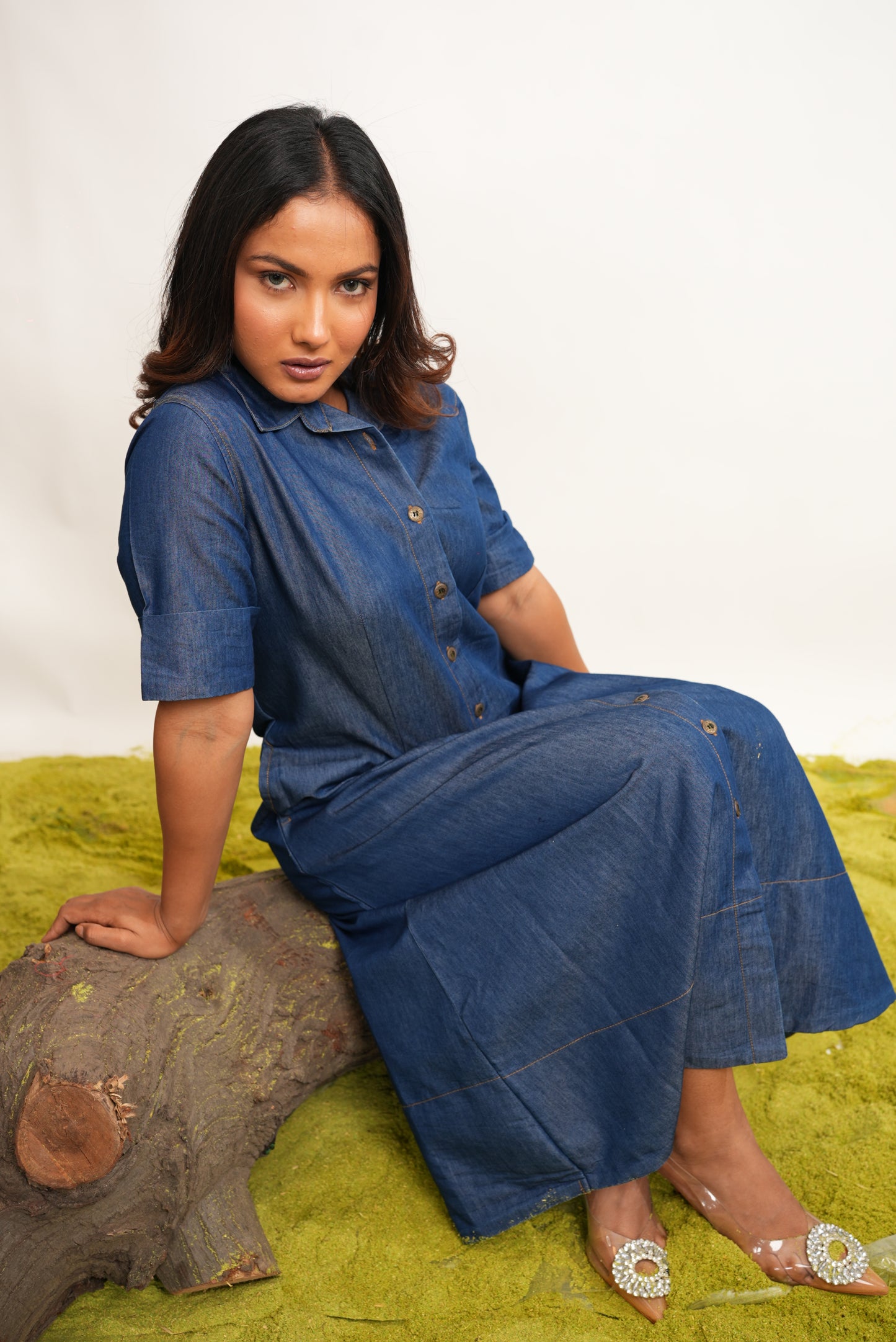 BLUE COTTON DENIM SHIRT DRESS WITH POCKETS