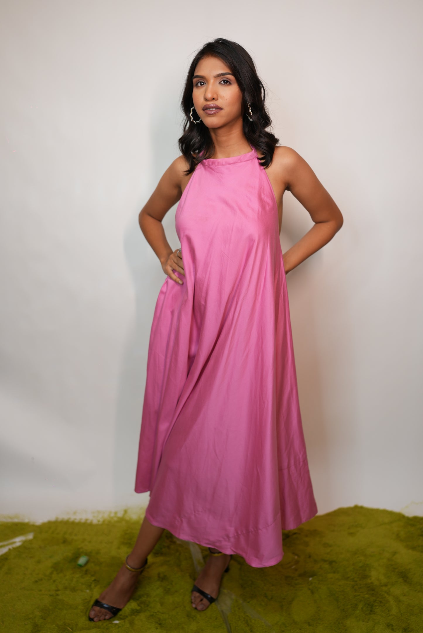 PINK HALTER NECK OPEN BACK DRESS