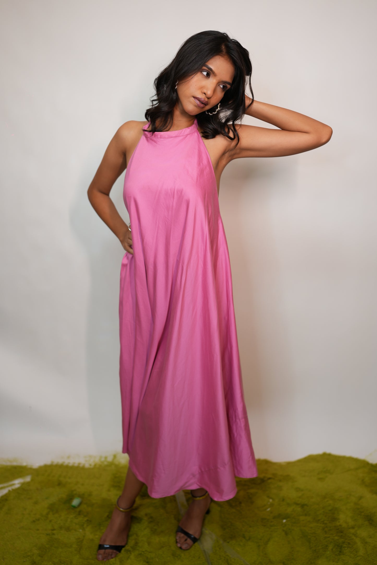 PINK HALTER NECK OPEN BACK DRESS