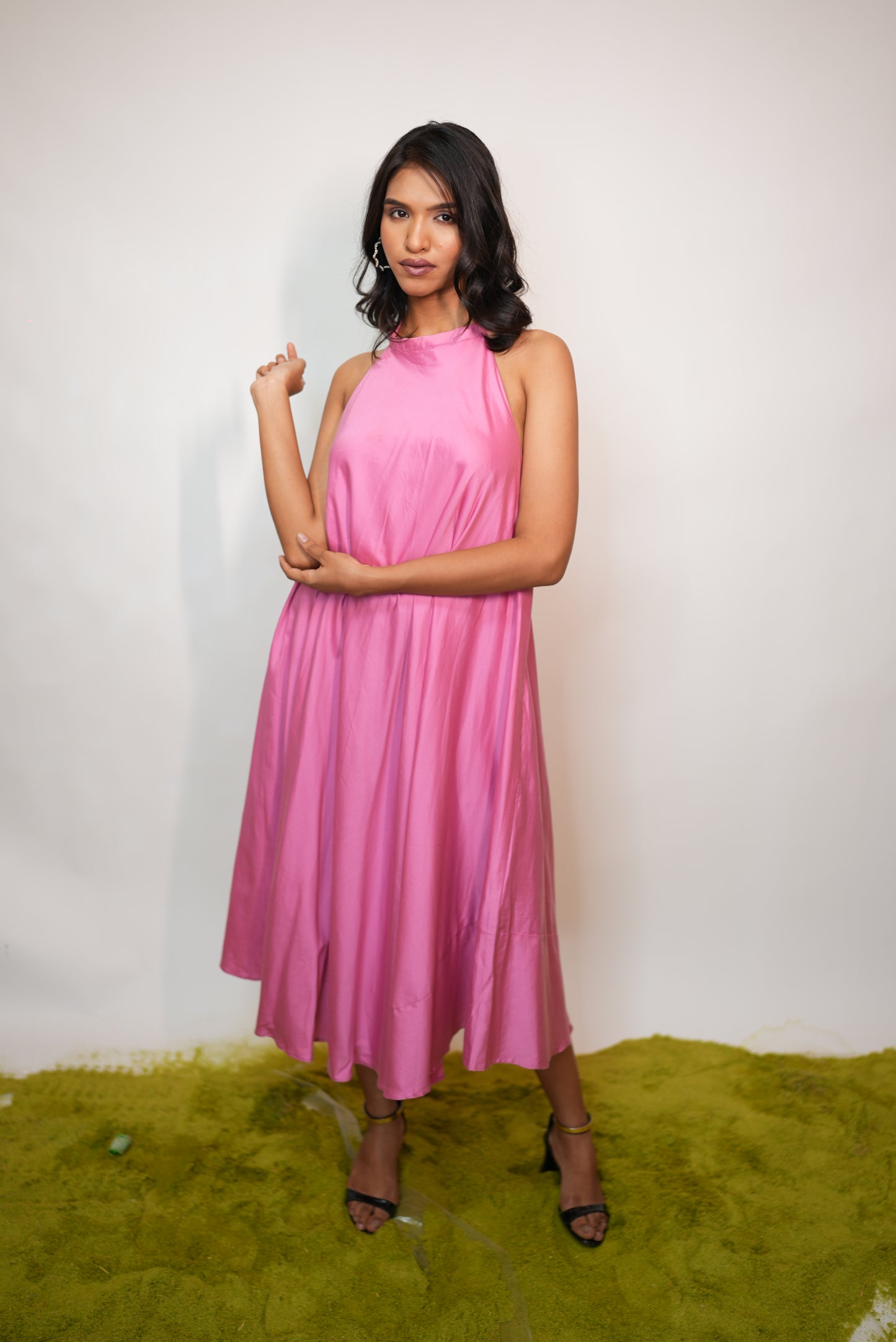 PINK HALTER NECK OPEN BACK DRESS