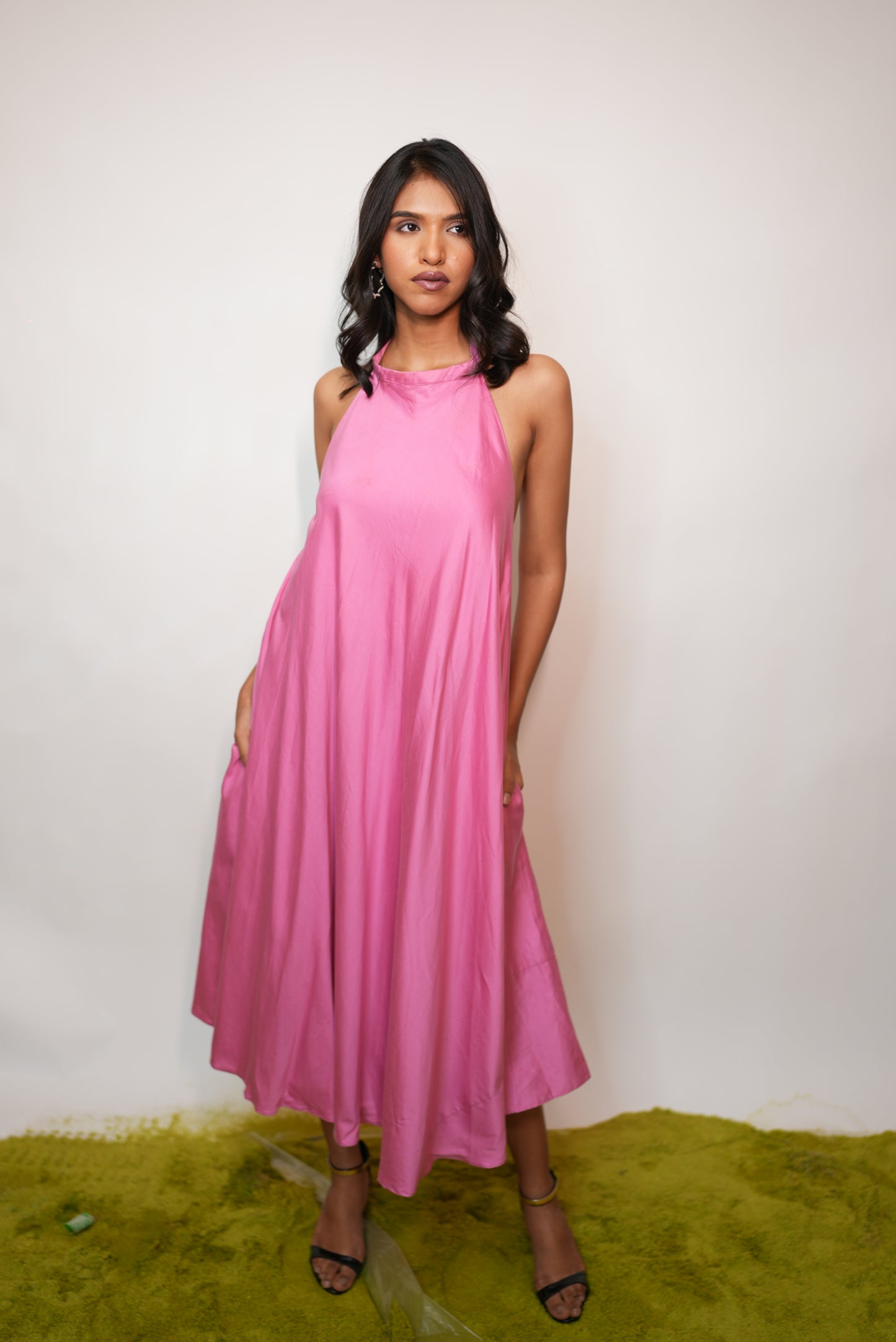 PINK HALTER NECK OPEN BACK DRESS