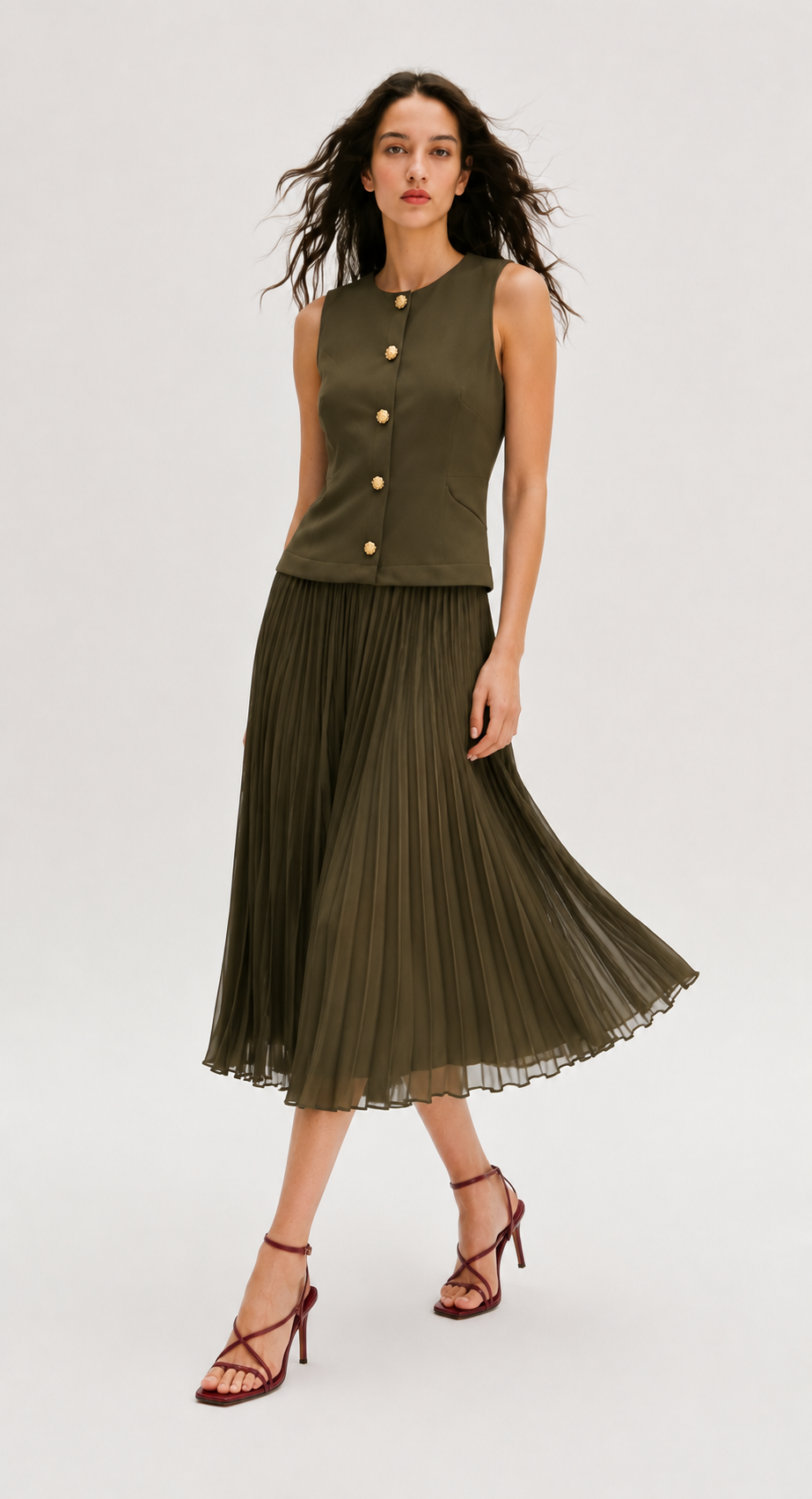 OLIVE GREEN SLEEVELESS MIDI DRESS