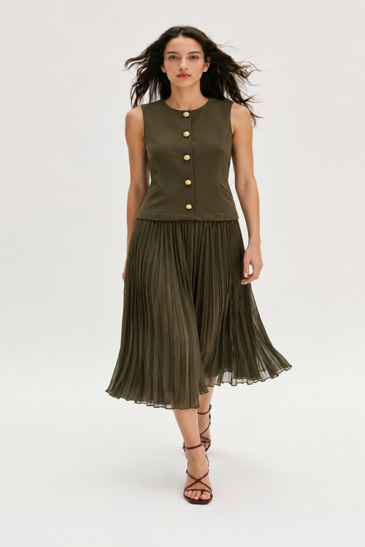 OLIVE GREEN SLEEVELESS MIDI DRESS