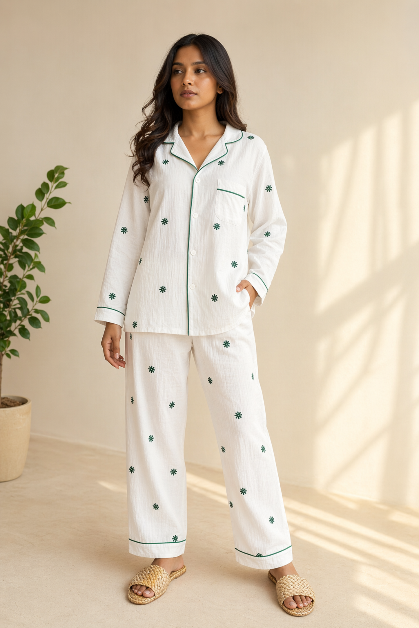 WHITE LOUNGEWEAR SET WITH GREEN EMBROIDERY FLOWERS