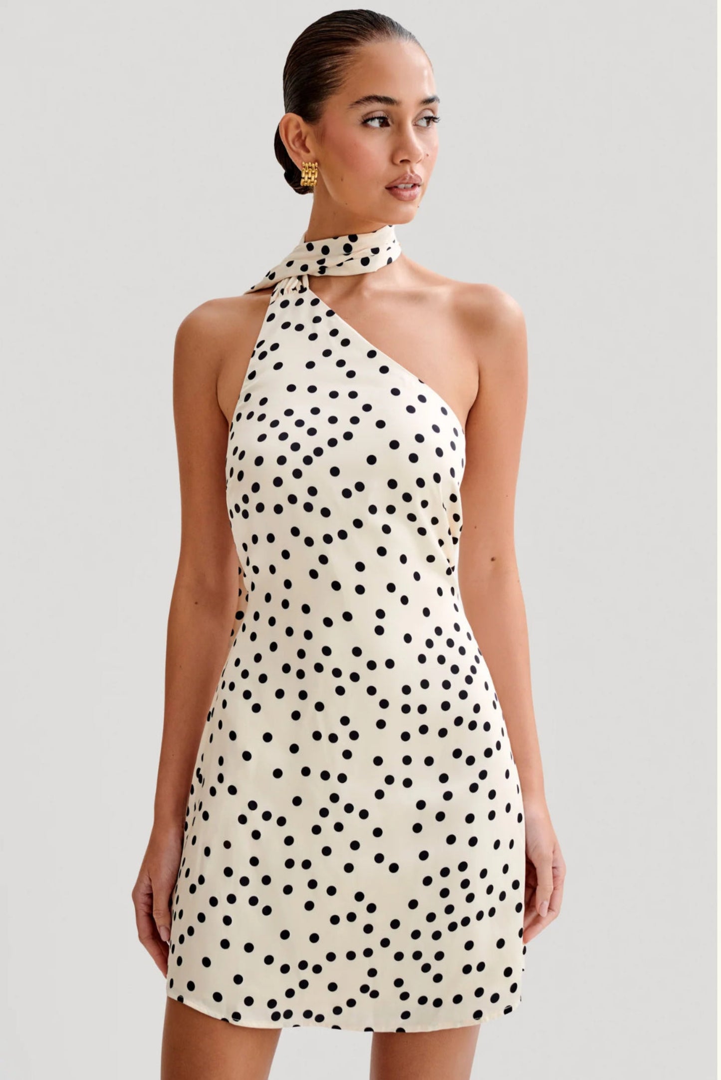 Satin Asymmetrical Mini Dress - Polka dot