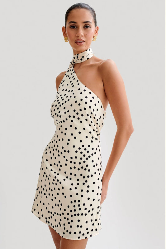 Satin Asymmetrical Mini Dress - Polka dot