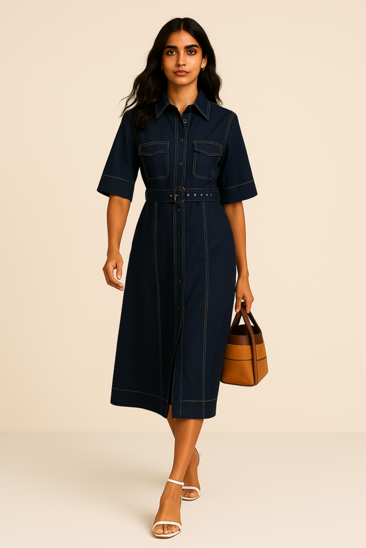 NAVY SHIRT DRESS WITH BELT
