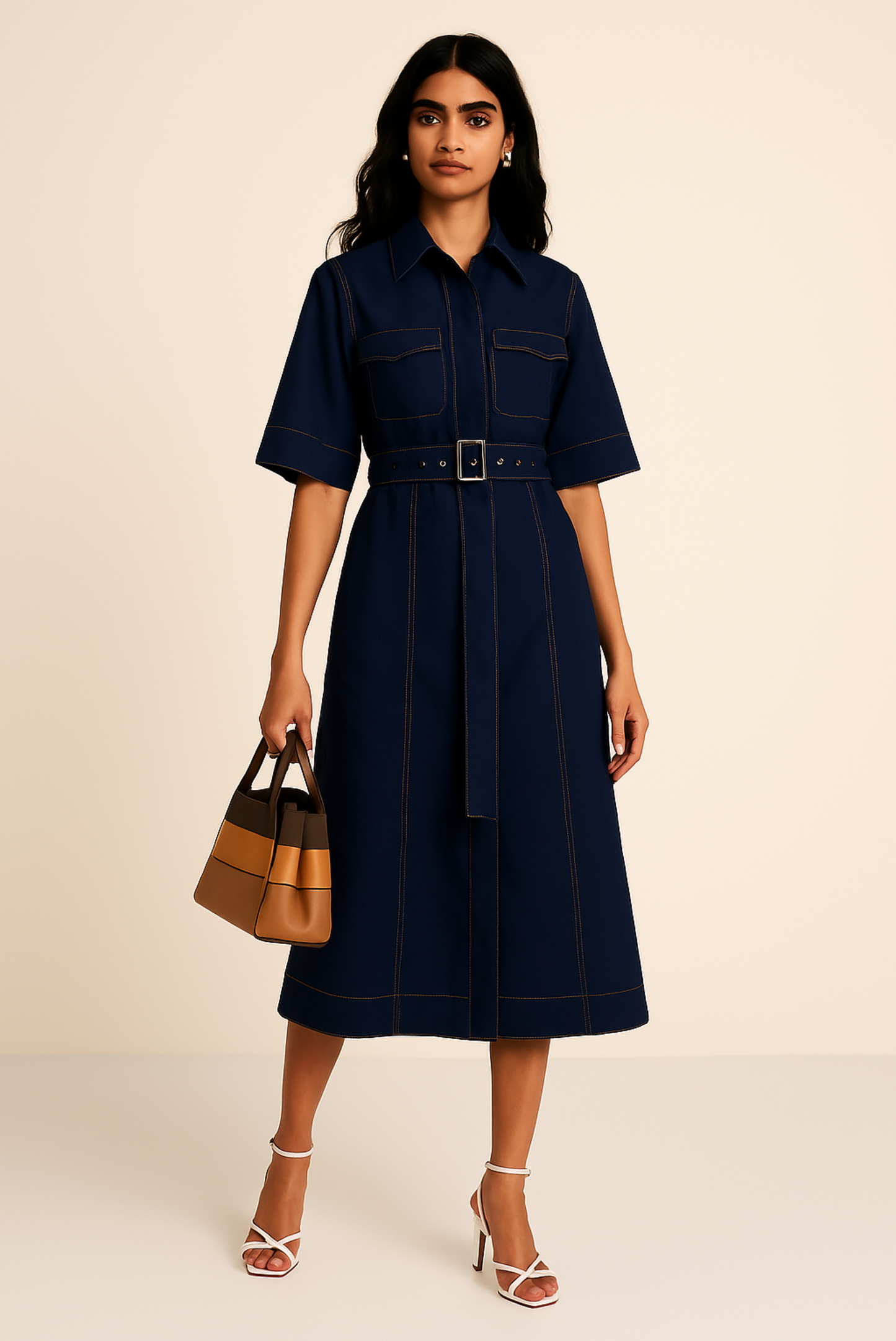 NAVY SHIRT DRESS WITH BELT